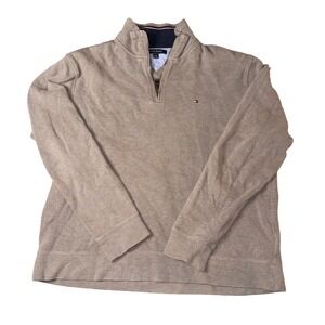 Tommy Hilfiger Mens Quarter Zip Pullover Sweater Tan Heather Large Logo